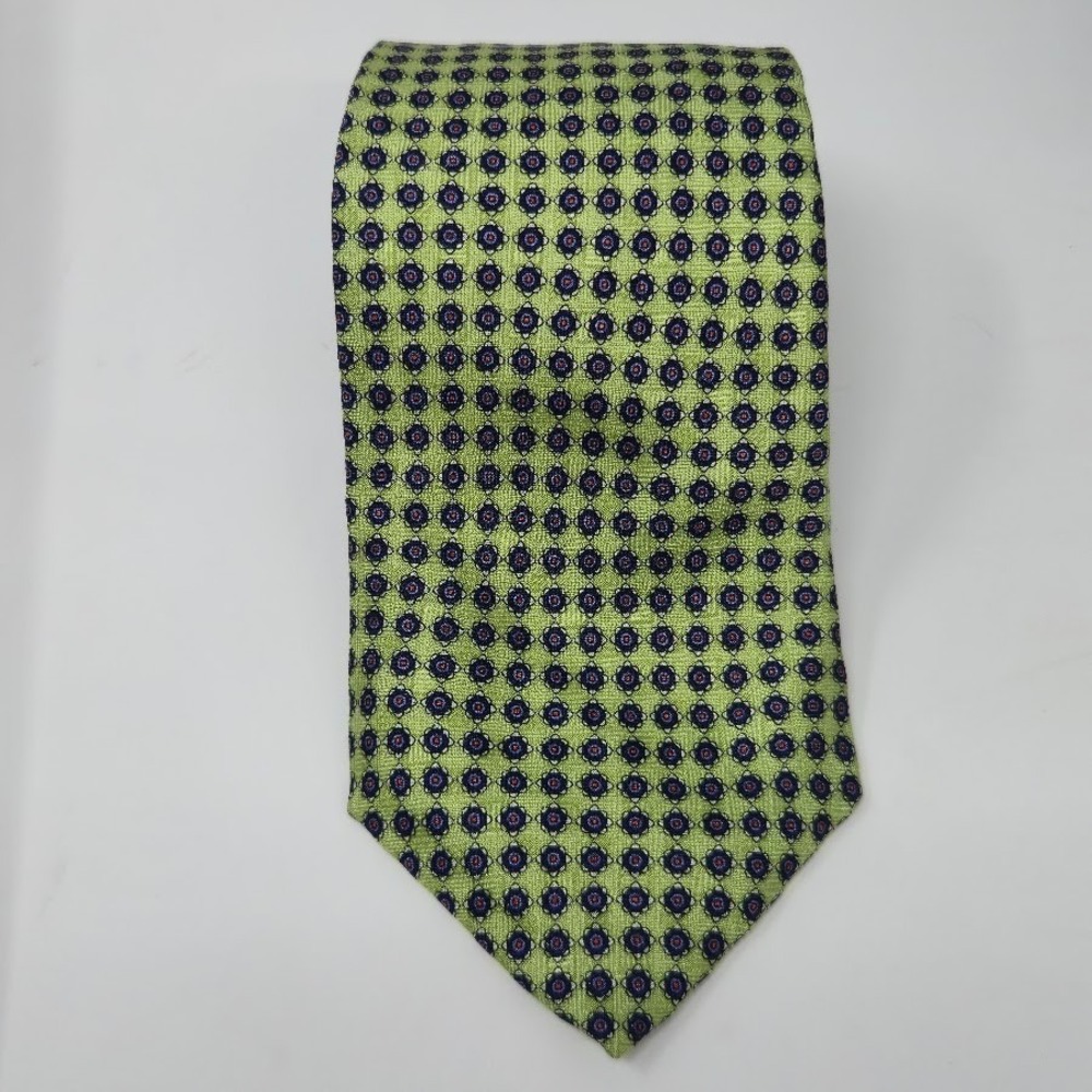 JZ Richards Lime Green Blue Geometric 100%‎ Silk Tie Handmade USA Mens Classic